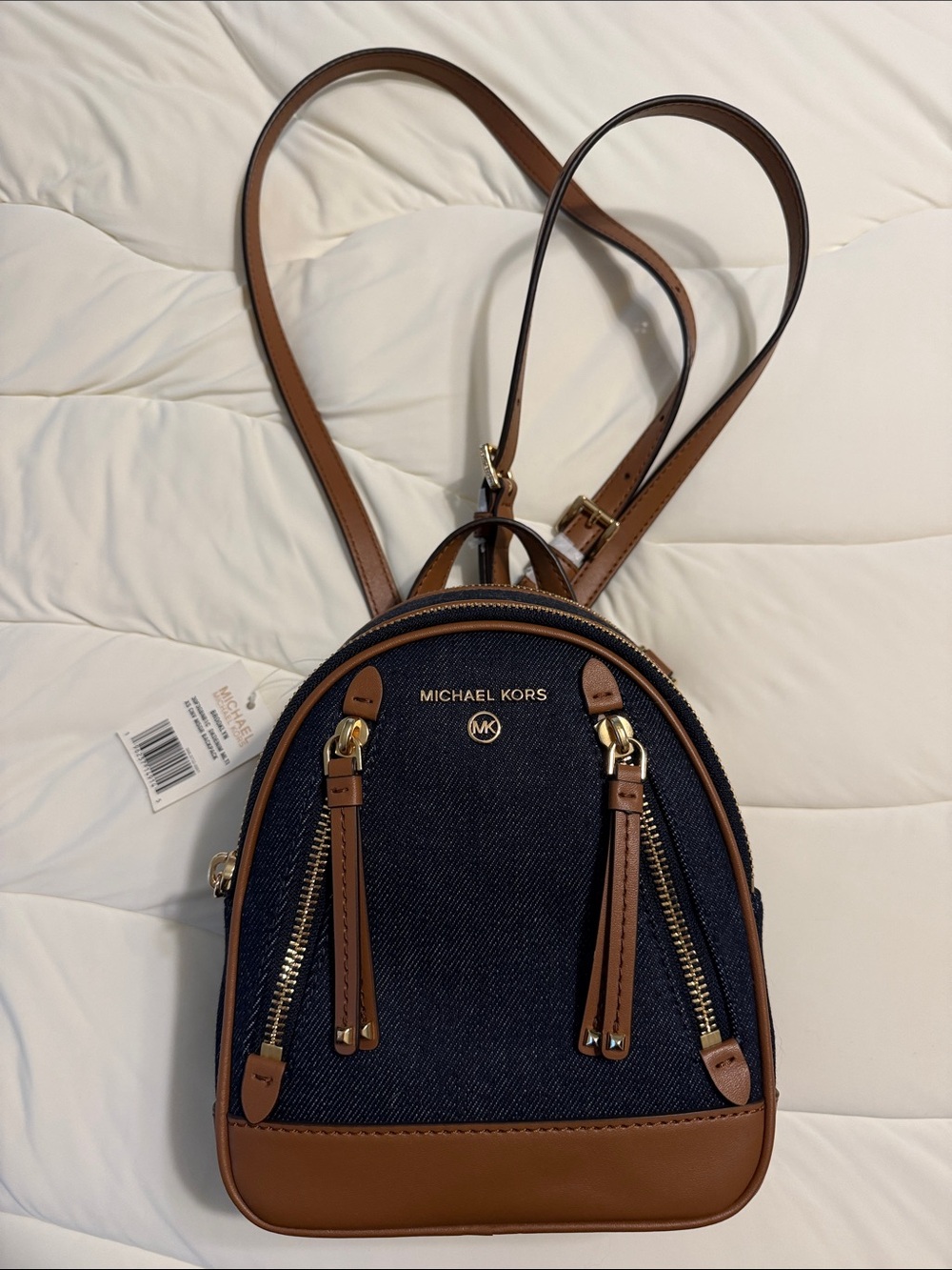 Michael Kors Dark Blue Denim and Brown Leather Mini Backpack